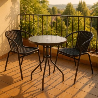 Bistro stolík so sklenenou doskou a 2 stoličkami z polyratanu Garth
